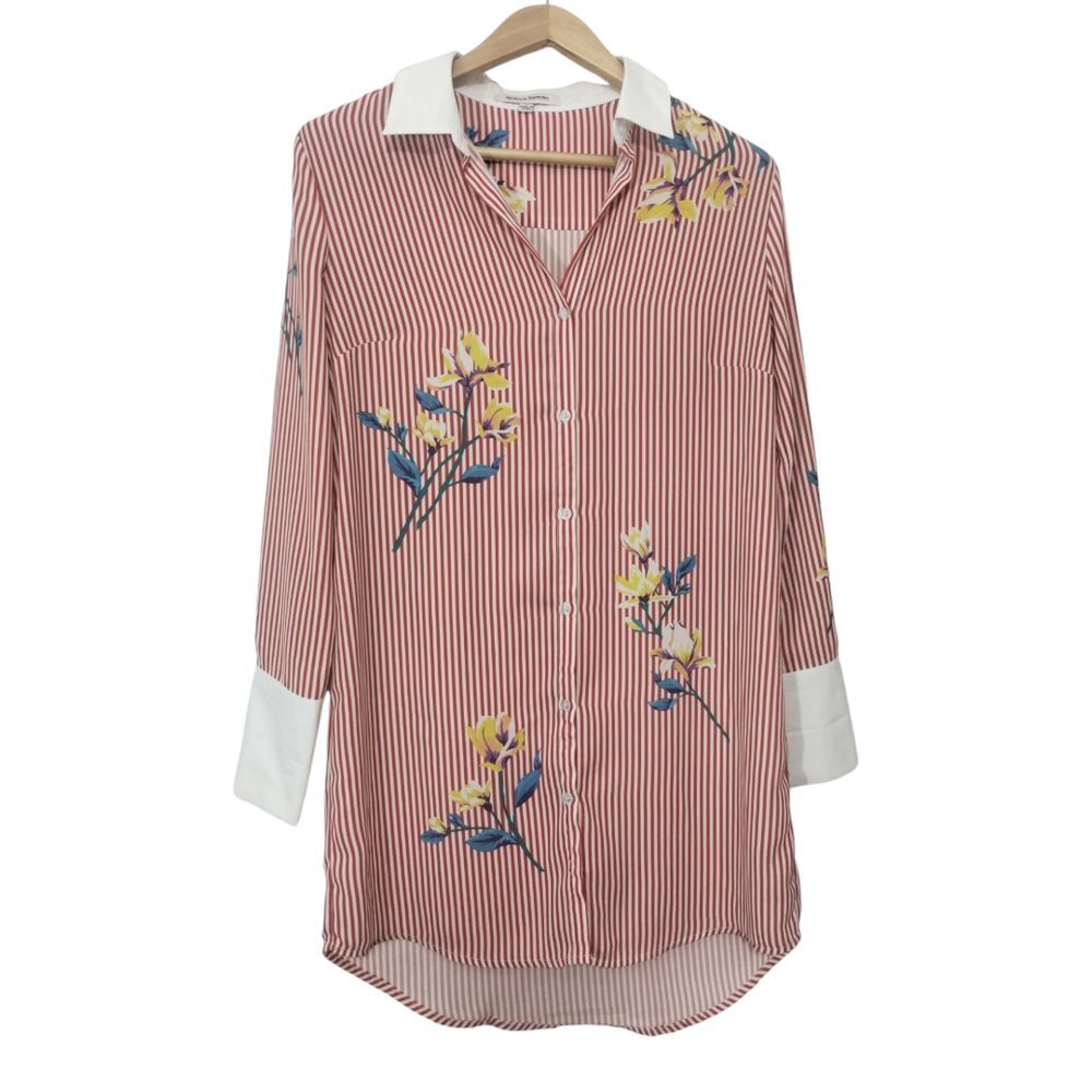 Jealous Tomato Floral Striped Tunic Button Up Shirt‎ Sz S Red White Loose Fit
